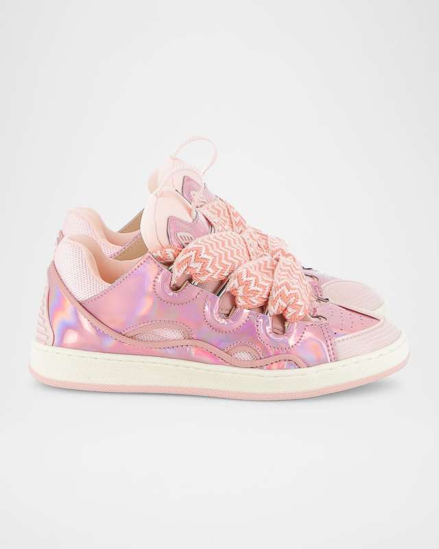Girl's Curb Leather and Textile Chunky Low-Top Sneakers, Kids